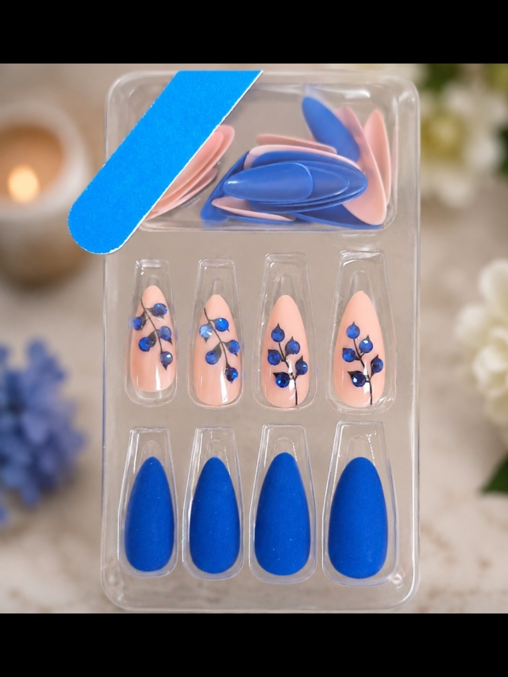 Blue and Nude Floral Stiletto Press-On Nails